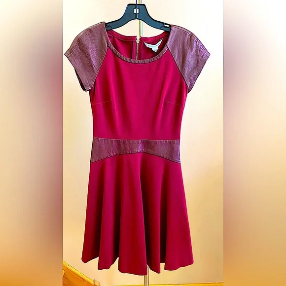 Diane Von Furstenberg Dresses | Diane Von Fustenberg Delyse Burgundy Leather Trim Fit & Flare Mini Red Dress. | Color: Red | Size: 2 | Jrusso1980's Diane Von Furstenberg Dresses | Diane Von Fustenberg Delyse Burgundy Leather Trim Fit & Flare Mini Red Dress. | Color: Red | Size: 2 | Jrusso1980's